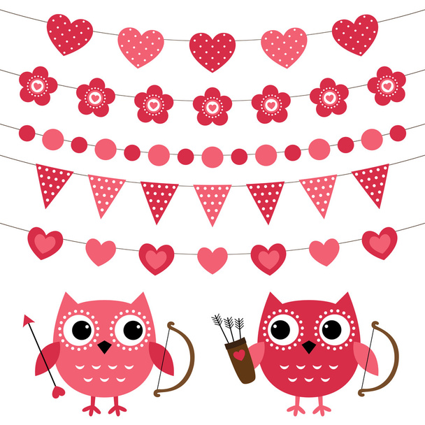 Valentine's Day decoration and owl cupids - Vetor, Imagem