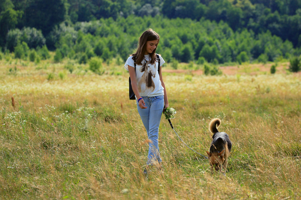 Adolescente chica obtener diversión en la granja con perro
 - Foto, Imagen