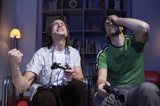dos amigos jugando con joysticks
 - Foto, Imagen