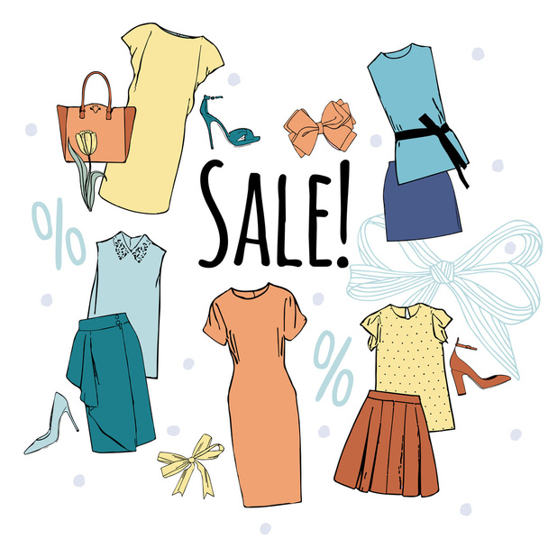 Sale of women's clothing. Vector hand drawn collage of women clothing and accessories and shoes isolated on white background - Vector, Imagen