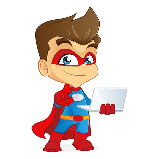Superhero holding laptop and smiling - Вектор,изображение