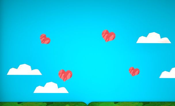 3D yeşil alan ile kalp mavi gökyüzünün altında. Aşk kavramı - Fotoğraf, Görsel