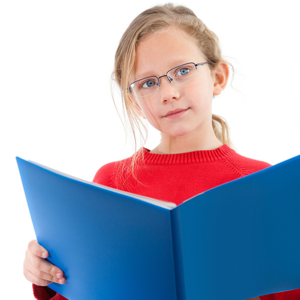 Portrait of Cute girl with blue notebook. - Foto, Imagem