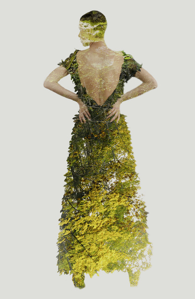 double exposure of elegant woman in fashionable dress - Photo, Image