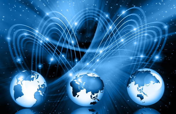 Miglior concetto Internet di business globale. Globe, linee luminose su sfondo tecnologico. Elettronica, Wi-Fi, raggi, simboli Internet, televisione, comunicazioni mobili e satellitari
 - Foto, immagini