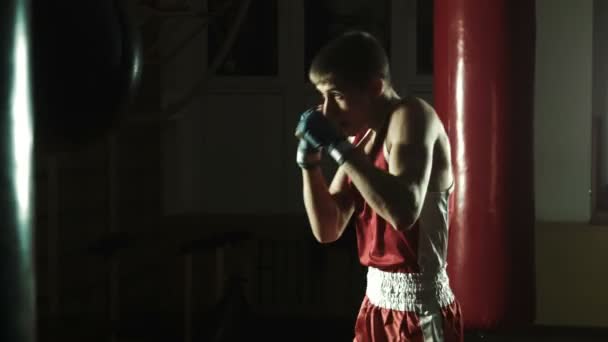 Joven boxeador golpeando saco de boxeo en gimnasio
 - Imágenes, Vídeo