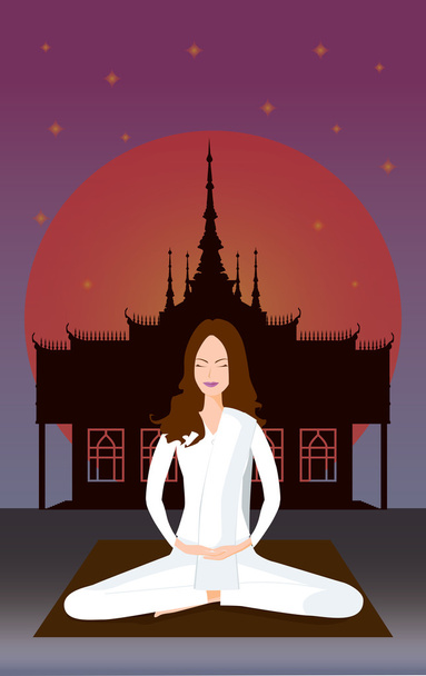 каштановые волосы девушка медитация перед храмом
 - Вектор,изображение