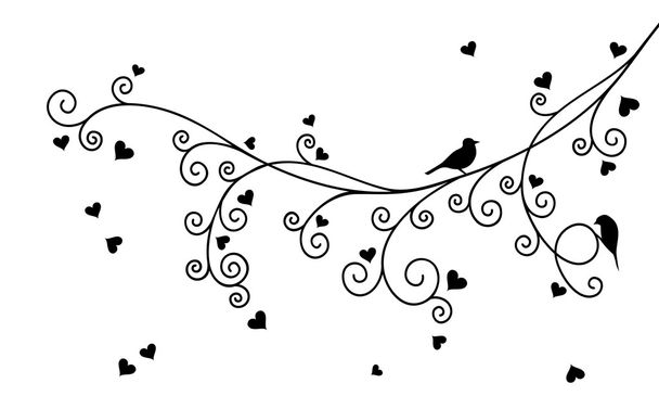 Ilustracja wektorowa streszczenie kręcone Valentine gałęzi drzewa z serca i dwa ptaki w kolorze czarnym. - Wektor, obraz