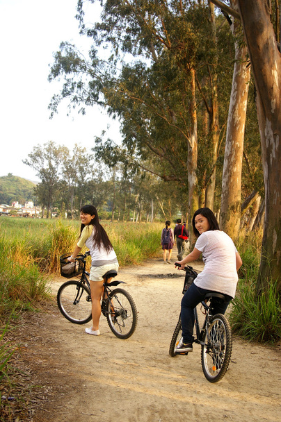 Asian friends riding bicycle - Photo, Image