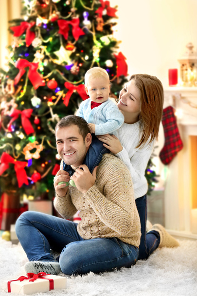 Christmas family portrait in home holiday living room - Фото, изображение