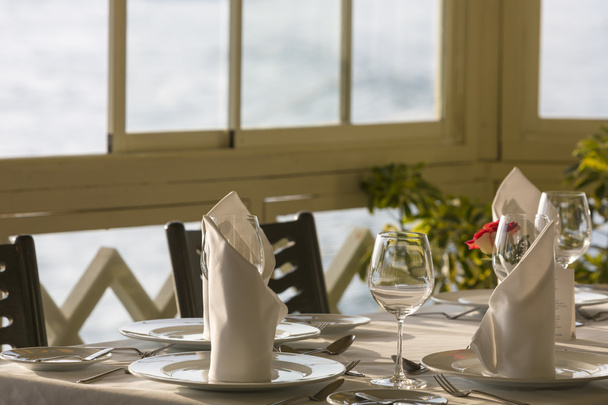 Fine restaurant dinner table place setting: napkin & wineglass,  - Photo, Image