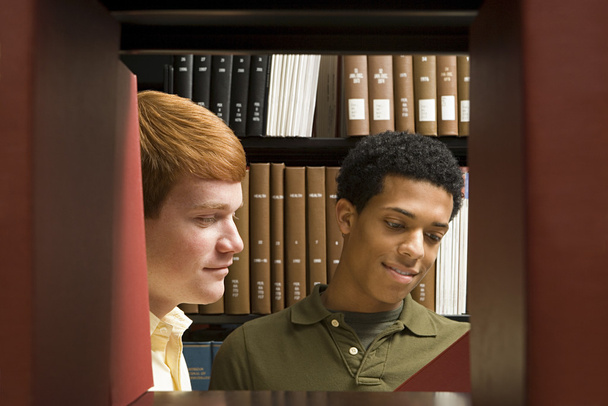İki öğrenci kütüphanede okuma - Fotoğraf, Görsel