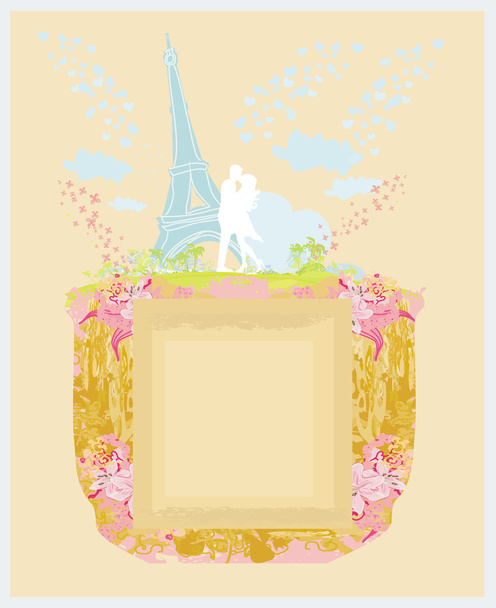 Casal romântico em Paris se beijando perto da Torre Eiffel. Cartão retrô - Foto, Imagem