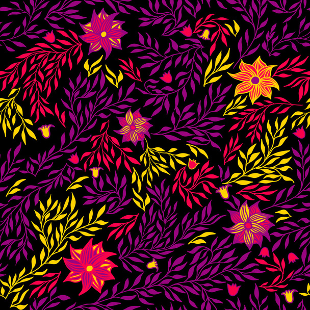Floral seamless pattern on the black background. Vector illustration. - Vektör, Görsel