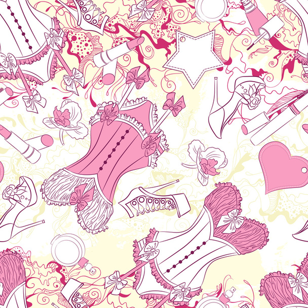 Seamless pattern with corset underwear and fashion accessories - Vektor, kép
