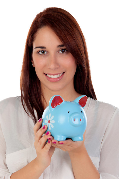 beautiful young girl with a blue moneybox - Foto, Bild