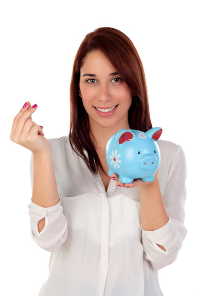 Cool girl with a blue moneybox - Photo, Image