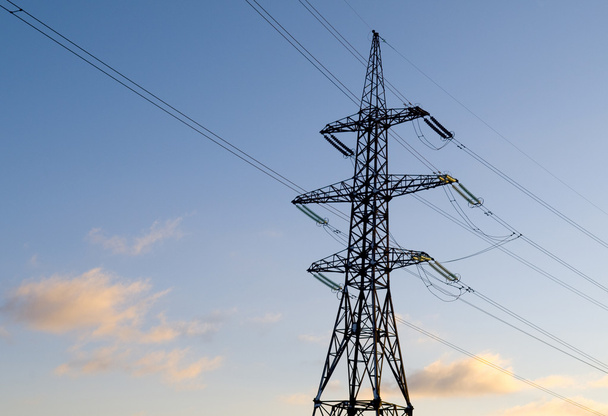 High-voltage power line & blue sky - Fotoğraf, Görsel