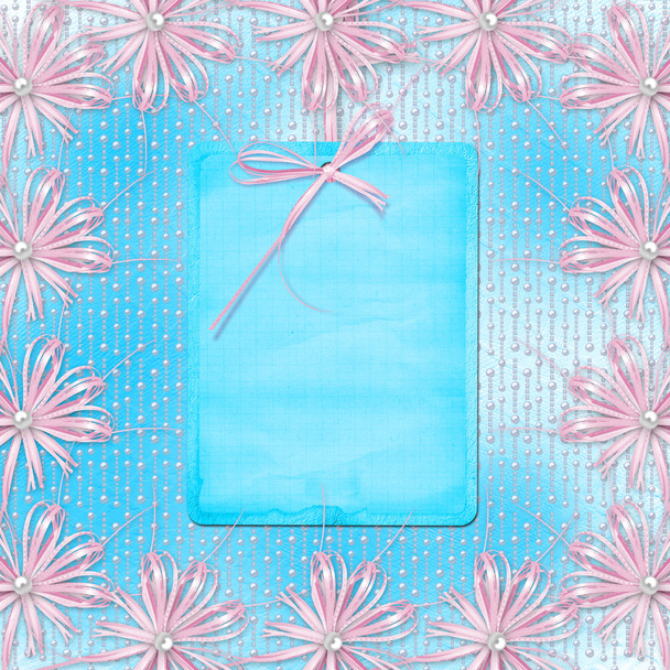 Blue card for invitation or congratulation with pink bow and rib - Φωτογραφία, εικόνα