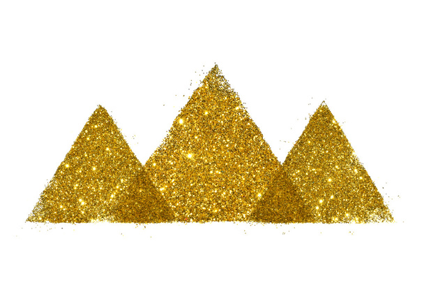 Três triângulos abstratos ou pirâmides de brilho dourado brilham sobre fundo branco
 - Foto, Imagem
