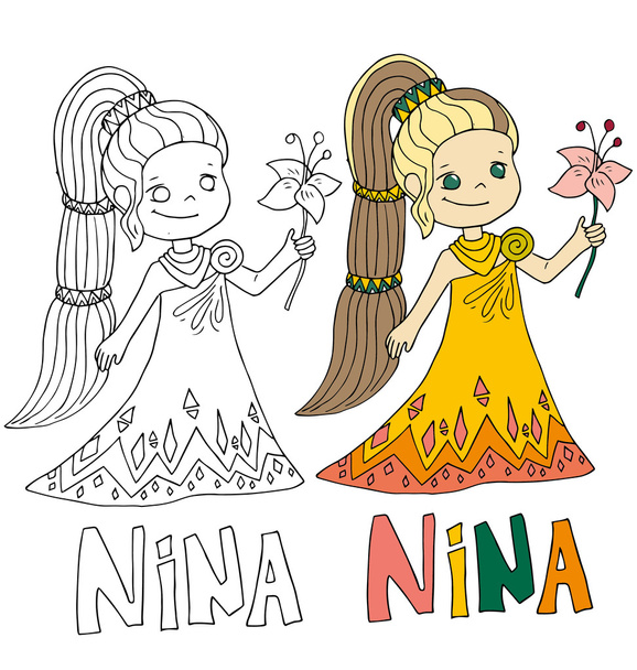 El dibujo simple de dibujos animados para colorear la imagen de los niños con diferentes nombres en la compatibilidad con el personaje
 - Vector, imagen
