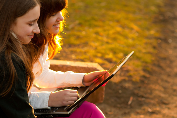 Dos hermosas chicas adolescentes divirtiéndose con cuaderno en el parque en el soleado día de primavera
 - Foto, Imagen