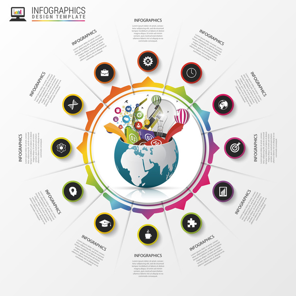 Infographic design template. Creative world. Colorful circle with icons. Vector - Vektori, kuva