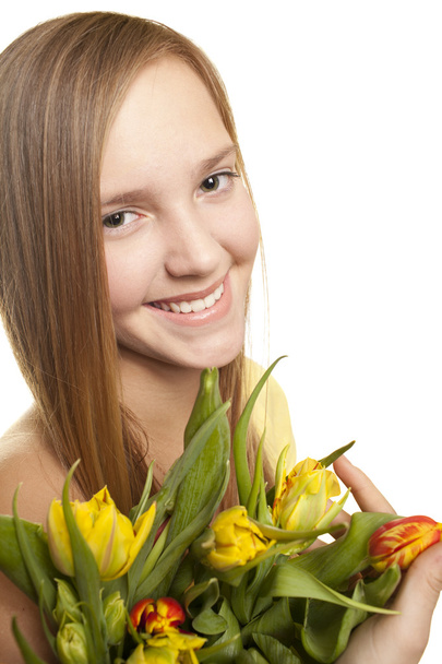 Girl with bouquet of tulips - Fotoğraf, Görsel