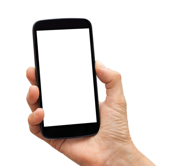 Isolated hand holding a black smartphone with blank screen  - Photo, Image