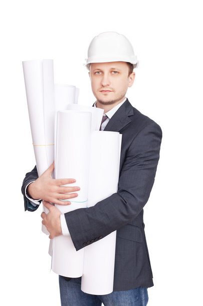 Engineer with blueprints isolated on white background - Фото, изображение