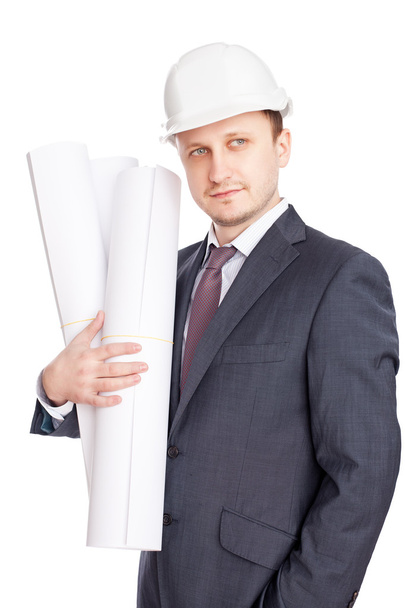 Engineer with blueprints isolated on white background - Photo, image