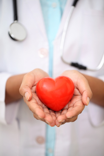 Female doctor holding a beautiful red heart shape  - Photo, Image