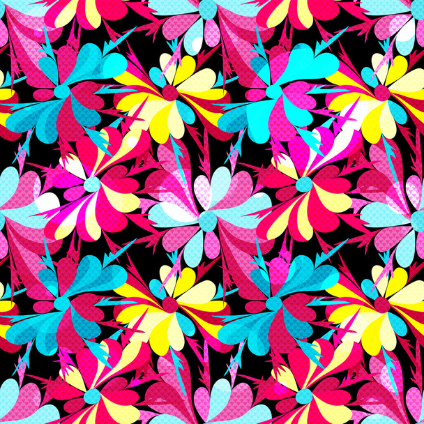 colorful abstract flowers on a black background seamless pattern - Вектор, зображення