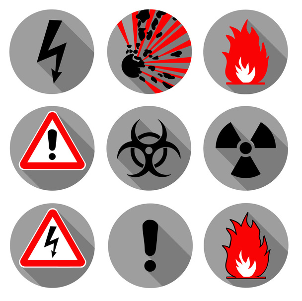 Fire safety, emergency icons. Explousion, chemical radiactivity signs. Gray flat circle buttons with shadows. Vector illustration. - Vector, Image