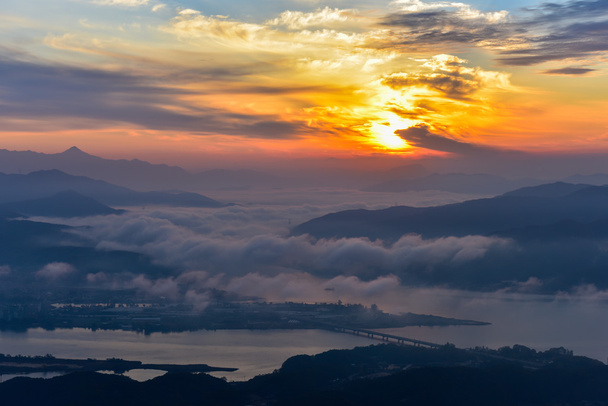 Morning sunrise and foggy of mountain in Korea - Photo, Image