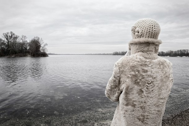Una mujer con una gorra de lana y un abrigo de piel está mirando al río durante una fría y triste mañana de invierno gris.
 - Foto, imagen