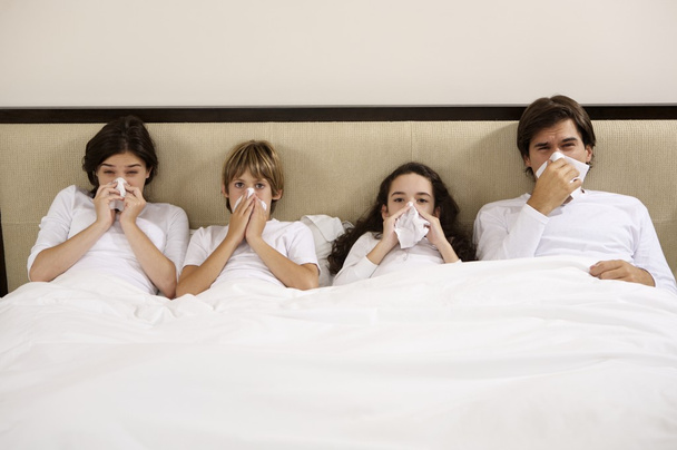 família doente assoprando narizes
 - Foto, Imagem