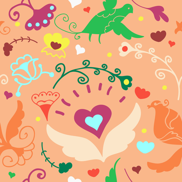 Cute doodle seamless floral ornament with birds - Vektori, kuva