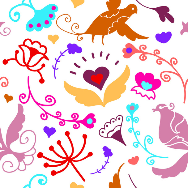 Lindo adorno floral sin costuras doodle con pájaros
 - Vector, imagen