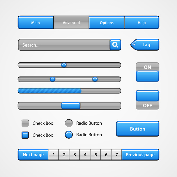 Clean Light Blue User Interface Controls. Web Elements. Website, Software UI: Buttons, Switchers, Slider, Arrows, Drop-down - Vektor, kép