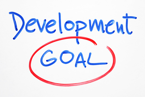 ビジネス コンセプトは、ホワイト ボードの背景に手書き「開発目標」. - 写真・画像