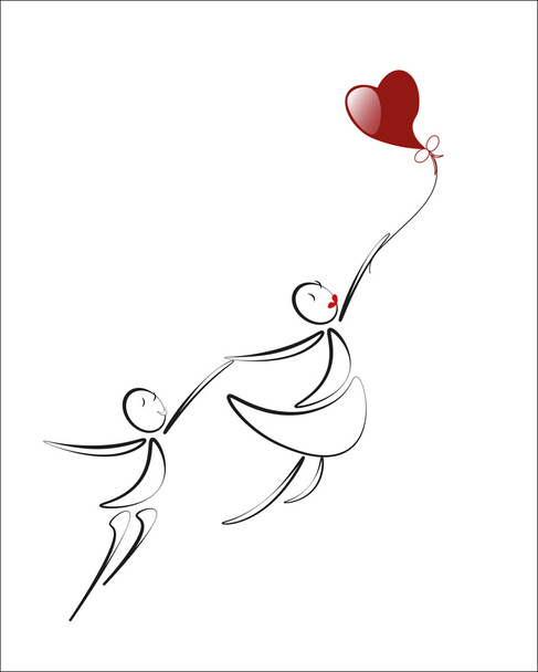 amante chico y chica con globo de corazón rojo, dibujos animados, ilustración
 - Vector, Imagen