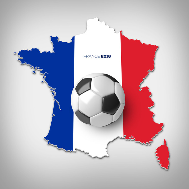 Una pelota de fútbol en un mapa de Francia con bandera de Francia
. - Foto, Imagen