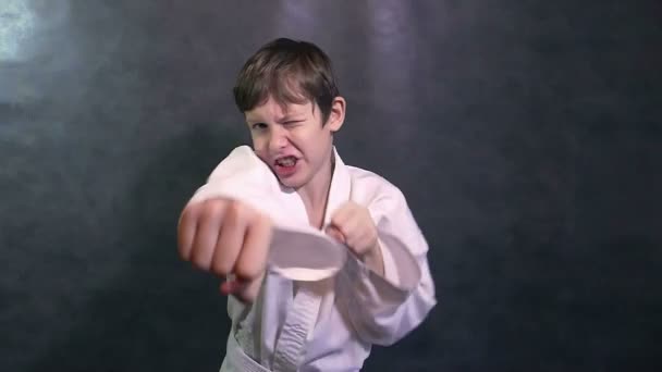 хлопчик підліток карате в кімоно битися руками махаючи кулаками повільний рух
 - Кадри, відео