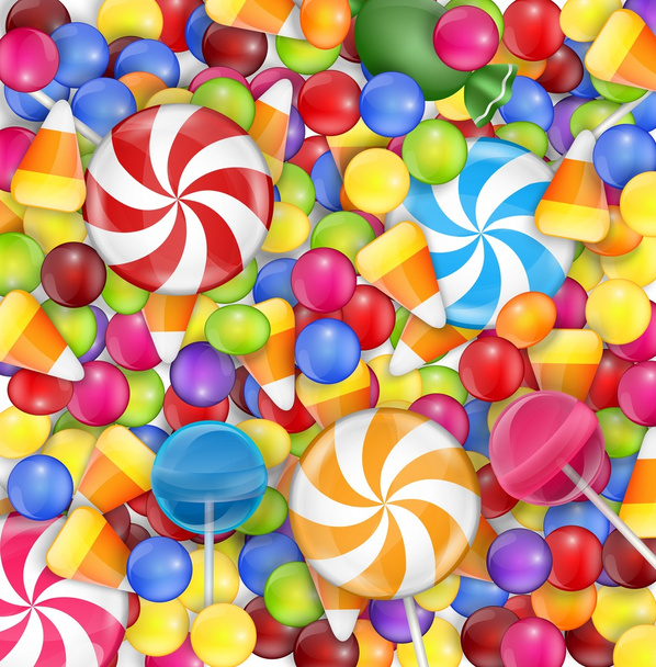 Sweets background with lollipop, candy corn and gumballs - Vektör, Görsel