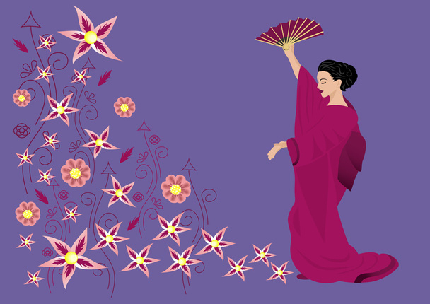 abstraktes Ornament und schöne Frau im Kimono - Vektor, Bild