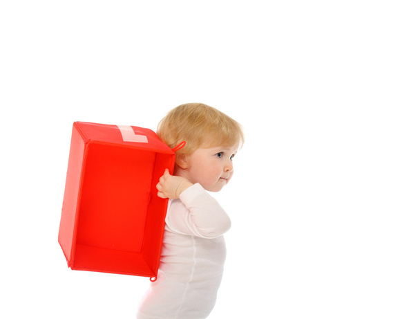 A baby carring red box isolated on white - Foto, afbeelding