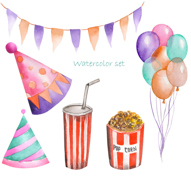 Watercolor party and circus set in the form of garland of the flags, pop corn, air balloons and party hats - Photo, Image