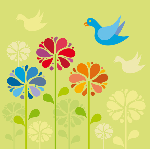 Fondo con flores y pájaros
 - Vector, Imagen