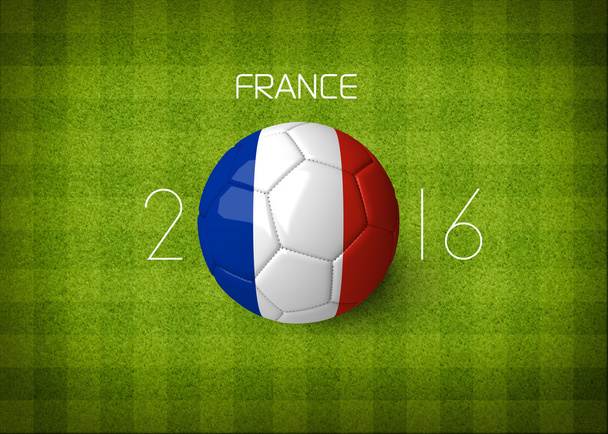 A soccer ball with a France flag on a top view of green striped soccer field. - Foto, afbeelding